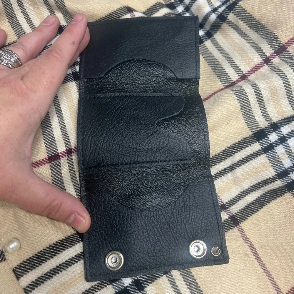 Mens Black Leather Biker Wallet Motorcycle Embossed Tri Fold Snap‎ Closure USA